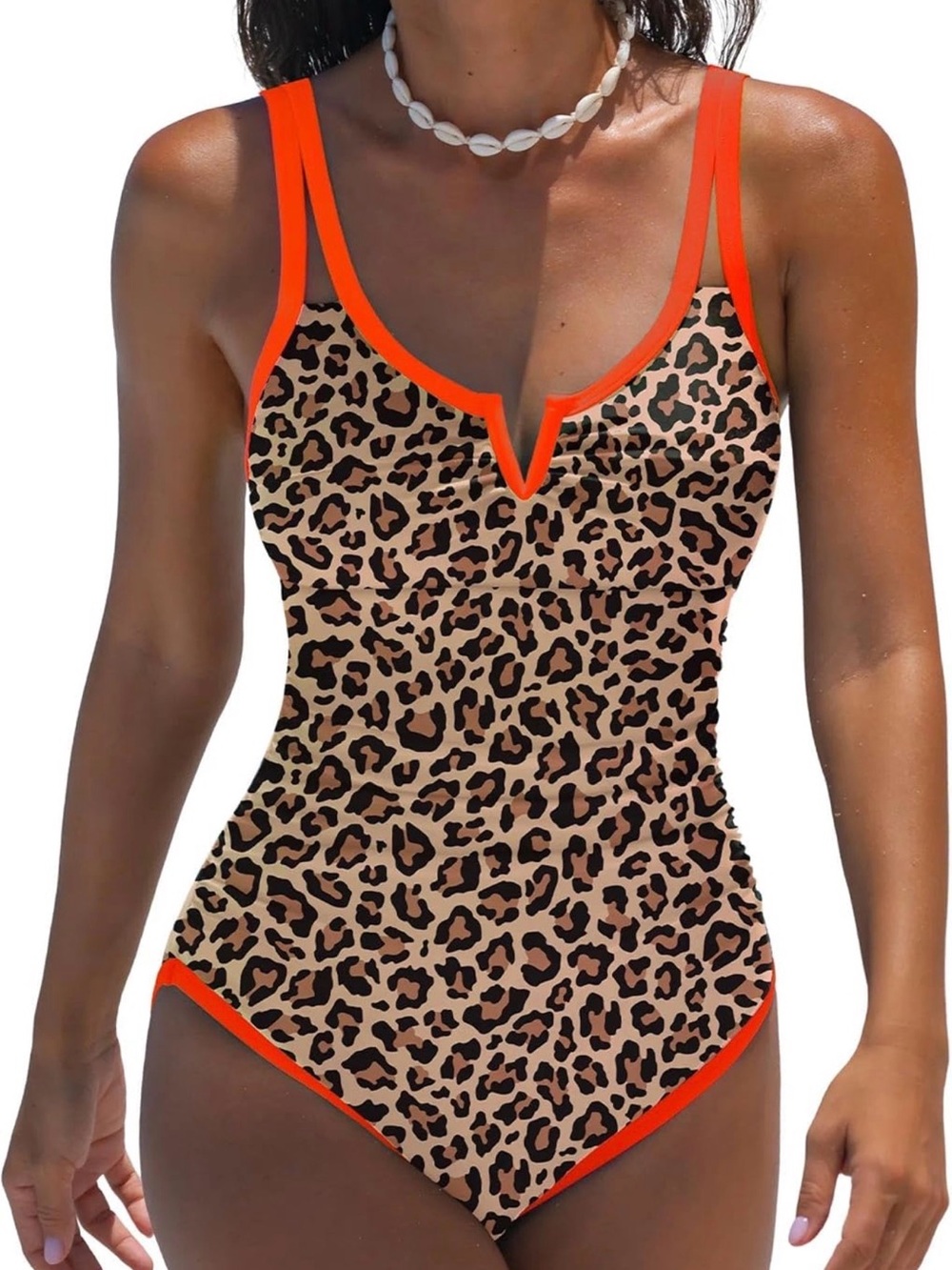 Leopard Print V-Notch One-Piece Swimsuit with Bright Orange Trim